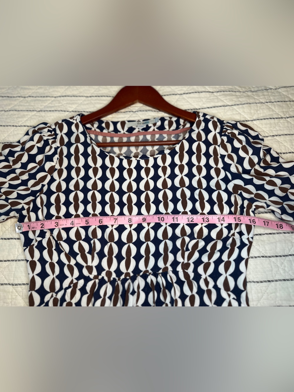 Boden Navy & Brown Geometric Mini Dress 3/4 Sleeve - size 6L - Picture 7 of 11